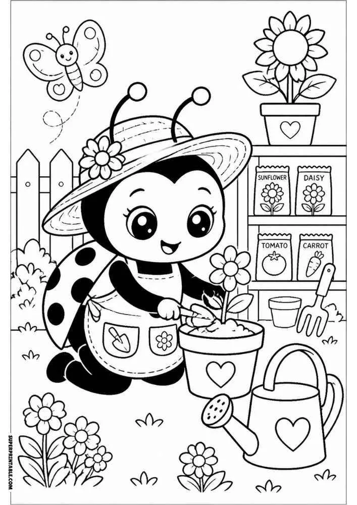 Ladybug planting a flower with watering can, seed shelf, butterfly, and flowers.