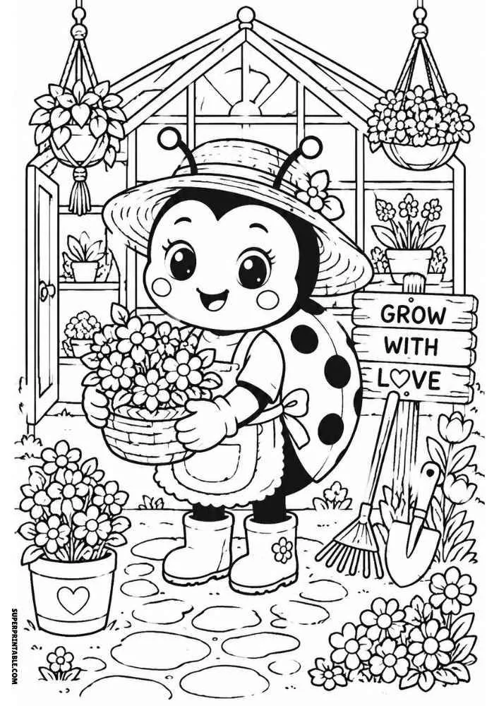 Ladybug holding flowers outside a greenhouse with flower pots, rake, shovel, and sign.