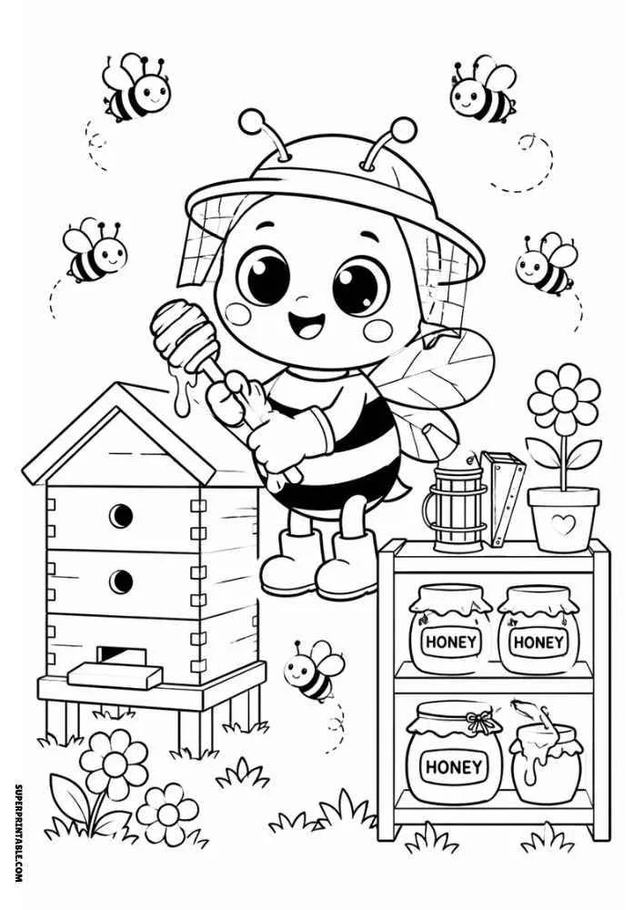 Bee holding honey dipper beside beehive with bees, honey jars, flowers, and shelf.