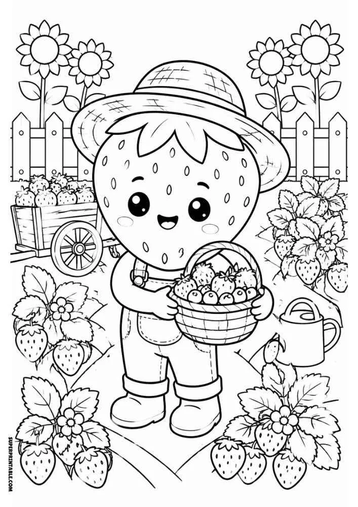Strawberry farmer holding basket of strawberries in a garden with watering can and flowers.