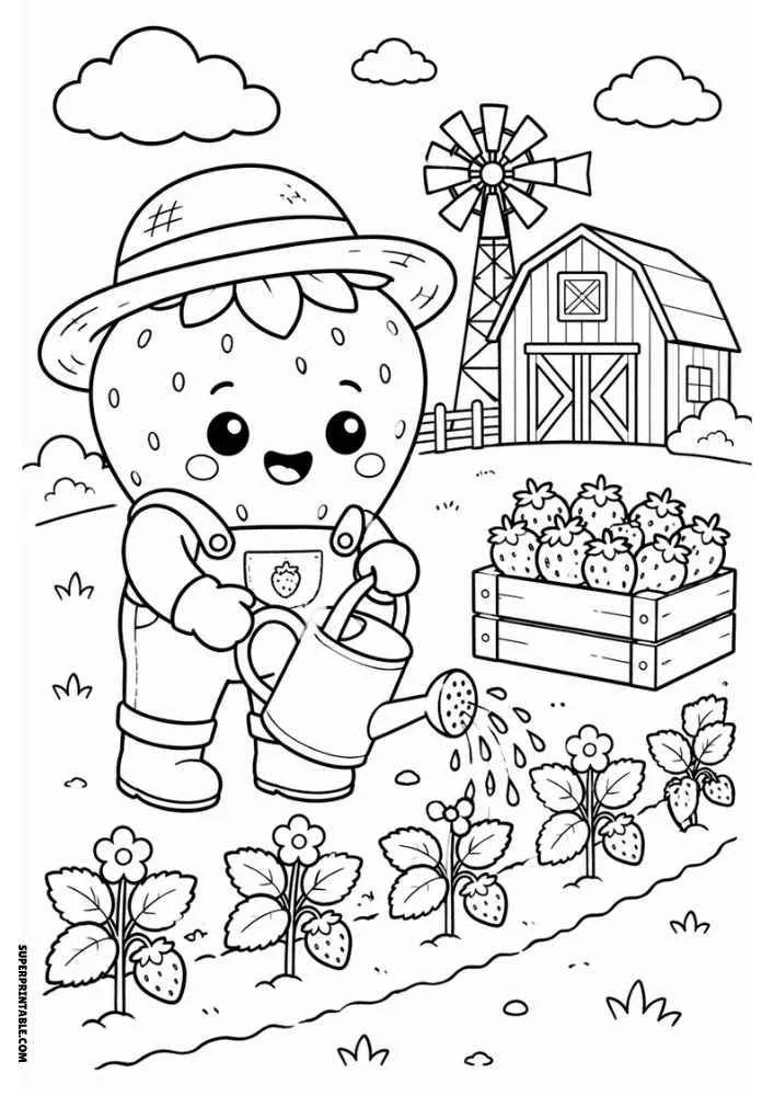 Strawberry farmer watering plants with barn, windmill, crate of strawberries, and flowers.