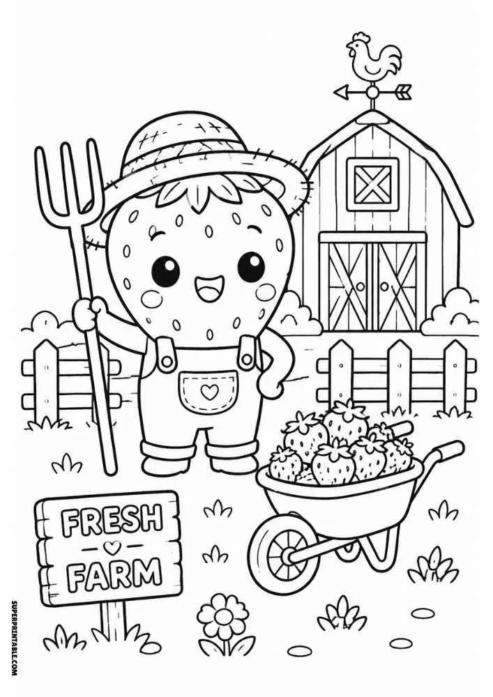 Strawberry farmer with pitchfork, wheelbarrow of strawberries, barn, and Fresh Farm sign.