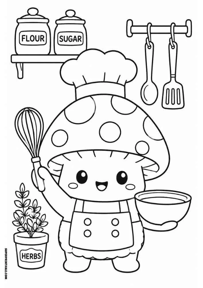 Mushroom chef holding whisk and bowl with herbs, jars, and kitchen utensils.