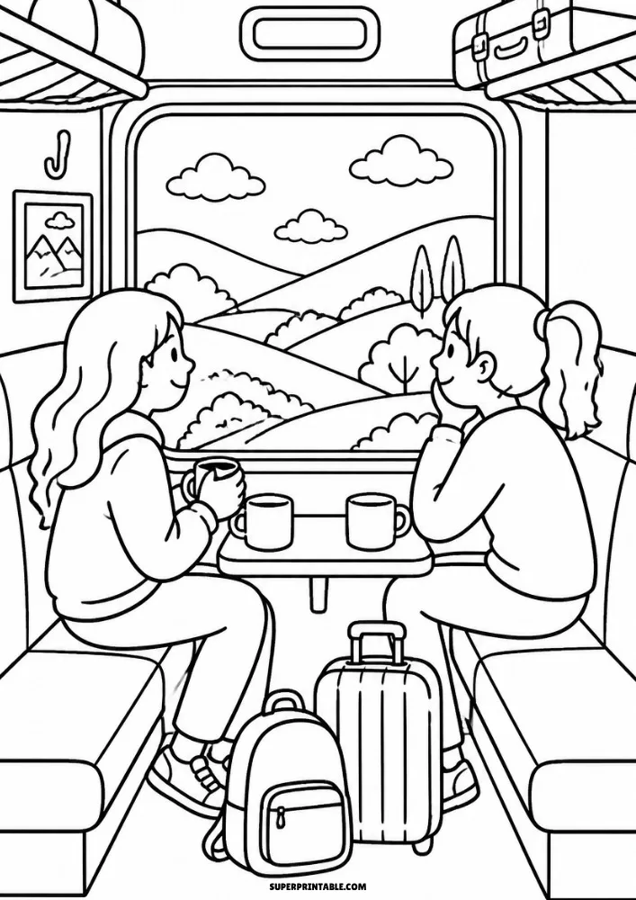 Two friends sitting on a train with drinks on a table while looking through a large window at rolling hills and clouds.