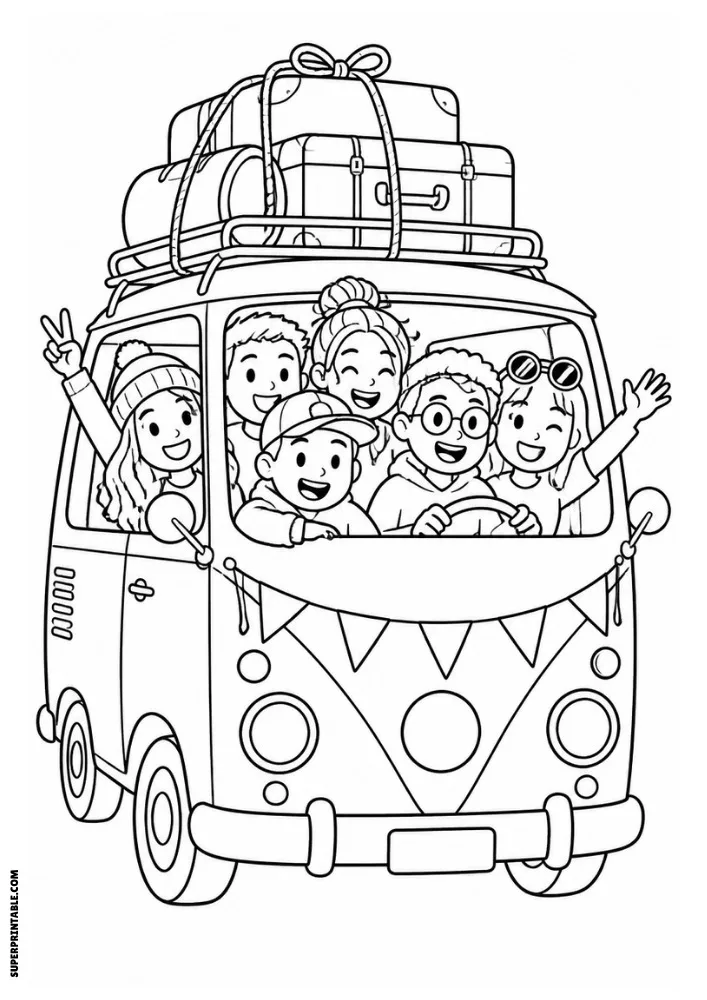 Happy friends riding in a travel van with luggage on the roof and decorations on the front.