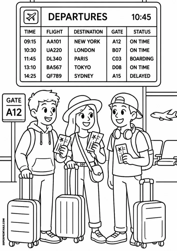 Three friends holding tickets and standing with suitcases at an airport departure gate.
