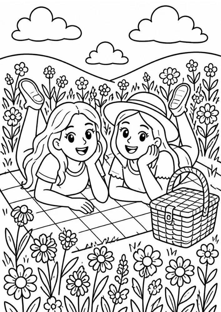 Two friends lying on a picnic blanket surrounded by flowers and a picnic basket.