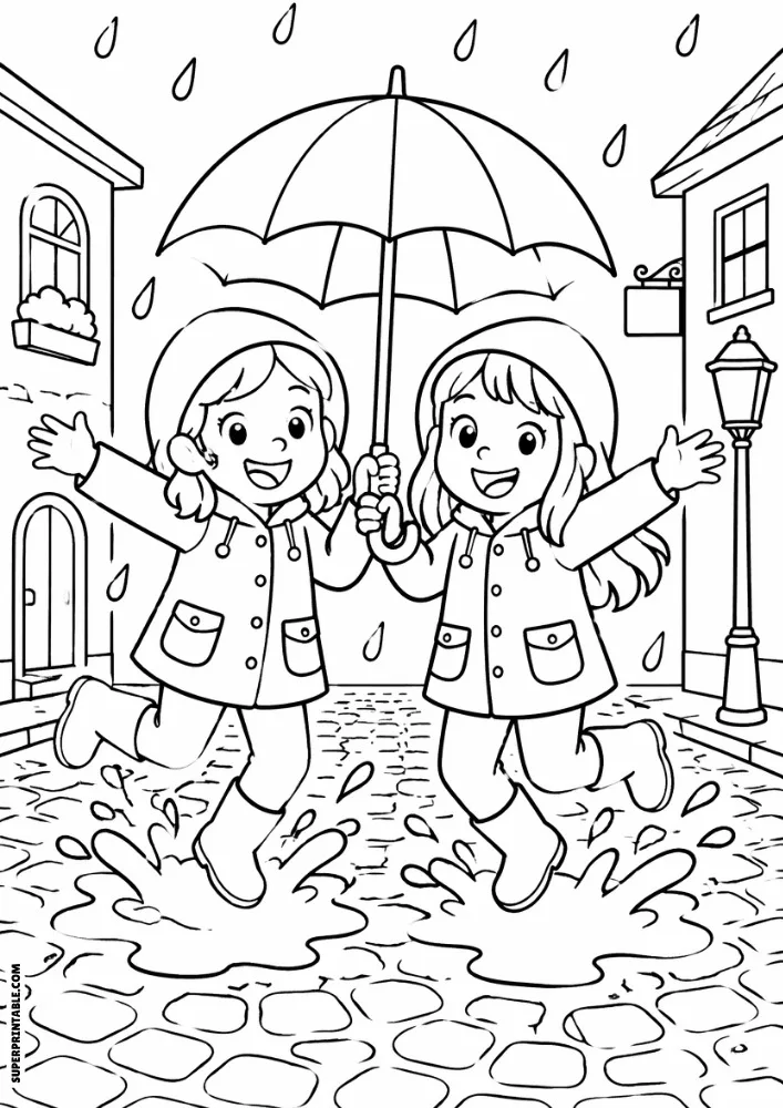 Two friends jumping in puddles under a large umbrella on a rainy street.