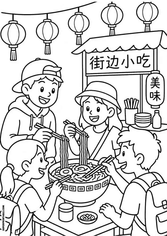 Four friends eating noodles together at a street food stall decorated with lanterns.