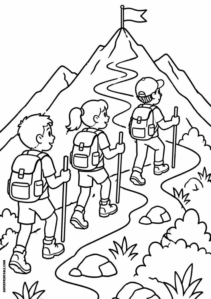Three young hikers with backpacks walking up a mountain path toward a summit.