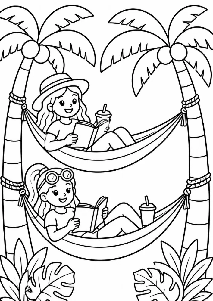 Two friends reading books while resting in hammocks between palm trees.