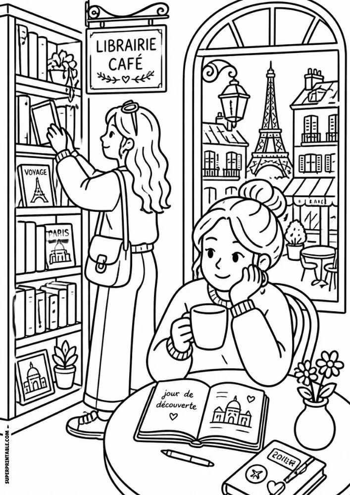 Two friends in a library cafe with books, coffee, and a view of a city landmark through the window.