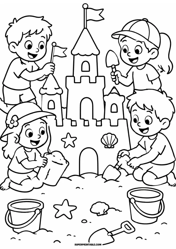 Four children building a sandcastle on the beach with buckets and sand tools.