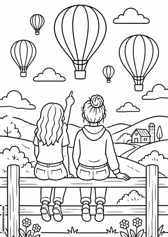 Two friends sitting on a fence watching hot air balloons flying over the countryside.