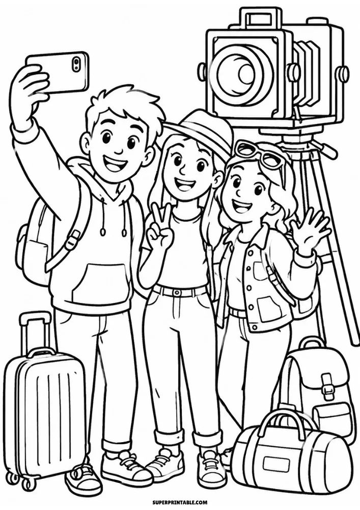 Three friends taking a selfie with luggage while standing beside a large vintage camera.