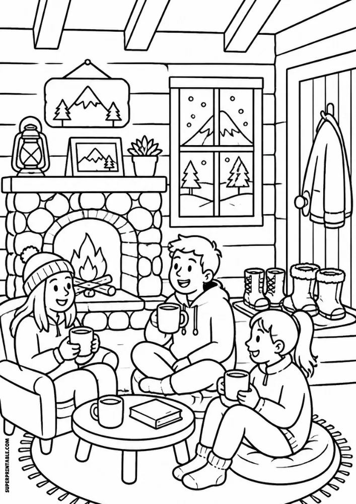 Three friends sitting indoors near a fireplace with mugs while relaxing in a cozy cabin.