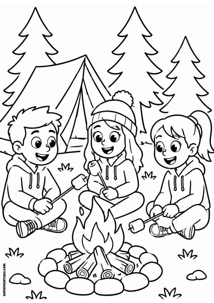 Three friends sitting around a campfire near a tent while roasting marshmallows in a forest.