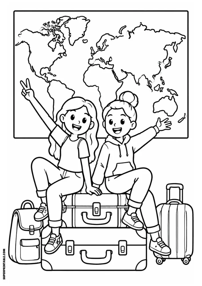 Two friends sitting on stacked suitcases in front of a world map with travel bags nearby.