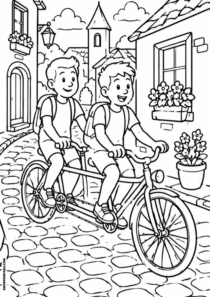Two friends riding a tandem bicycle along a cobblestone street in a small village.