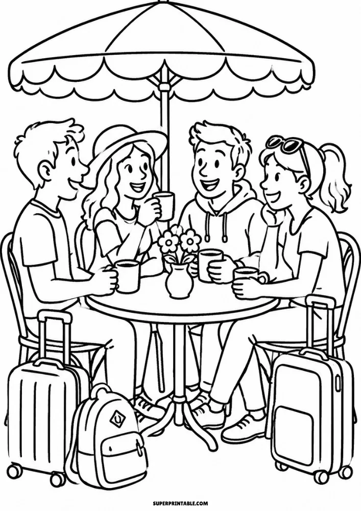 Four friends sitting around a cafe table with drinks, luggage, and a large umbrella.