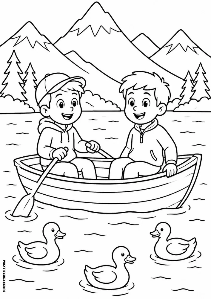 Two friends rowing a small boat on a lake with ducks and mountains in the background.