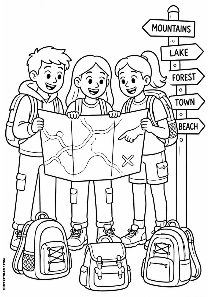 Three friends studying a map near a signpost showing different travel destinations.