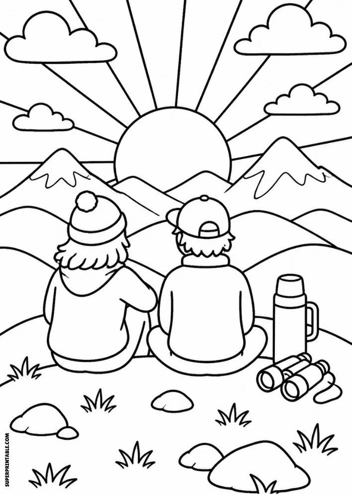 Two friends sitting on a hill watching a sunrise over mountains with a thermos and binoculars nearby.