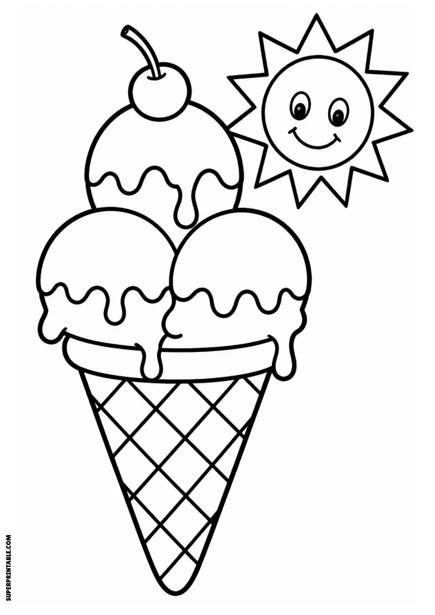 Triple scoop ice cream cone with a smiling sun overhead.