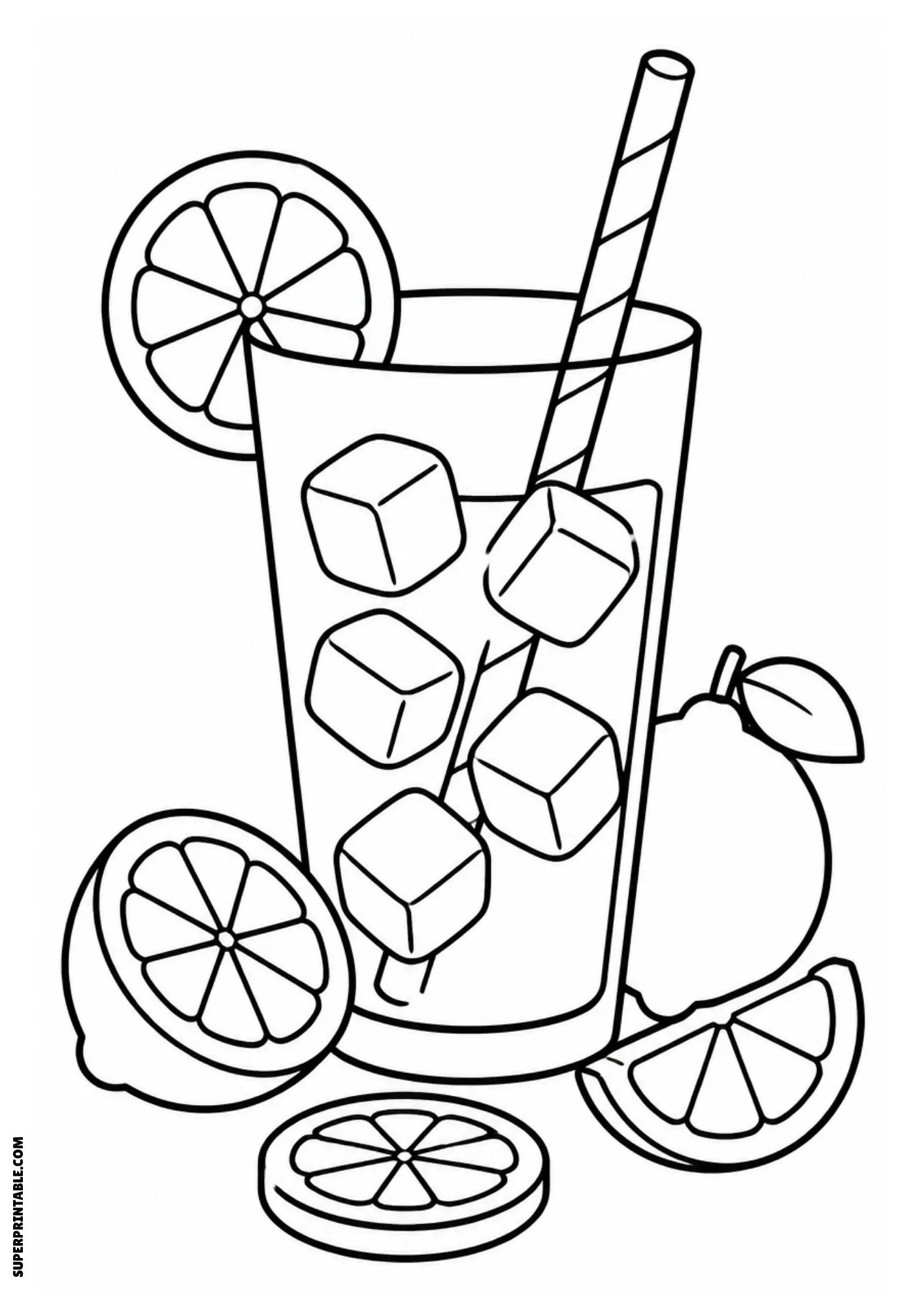 Glass of lemonade with ice cubes, straw, and lemon slices.
