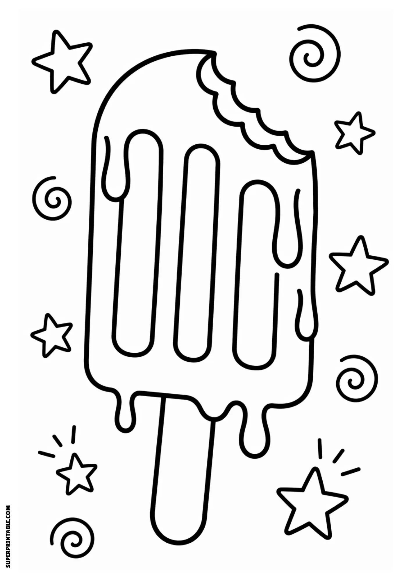 Melting ice pop surrounded by stars and swirls.