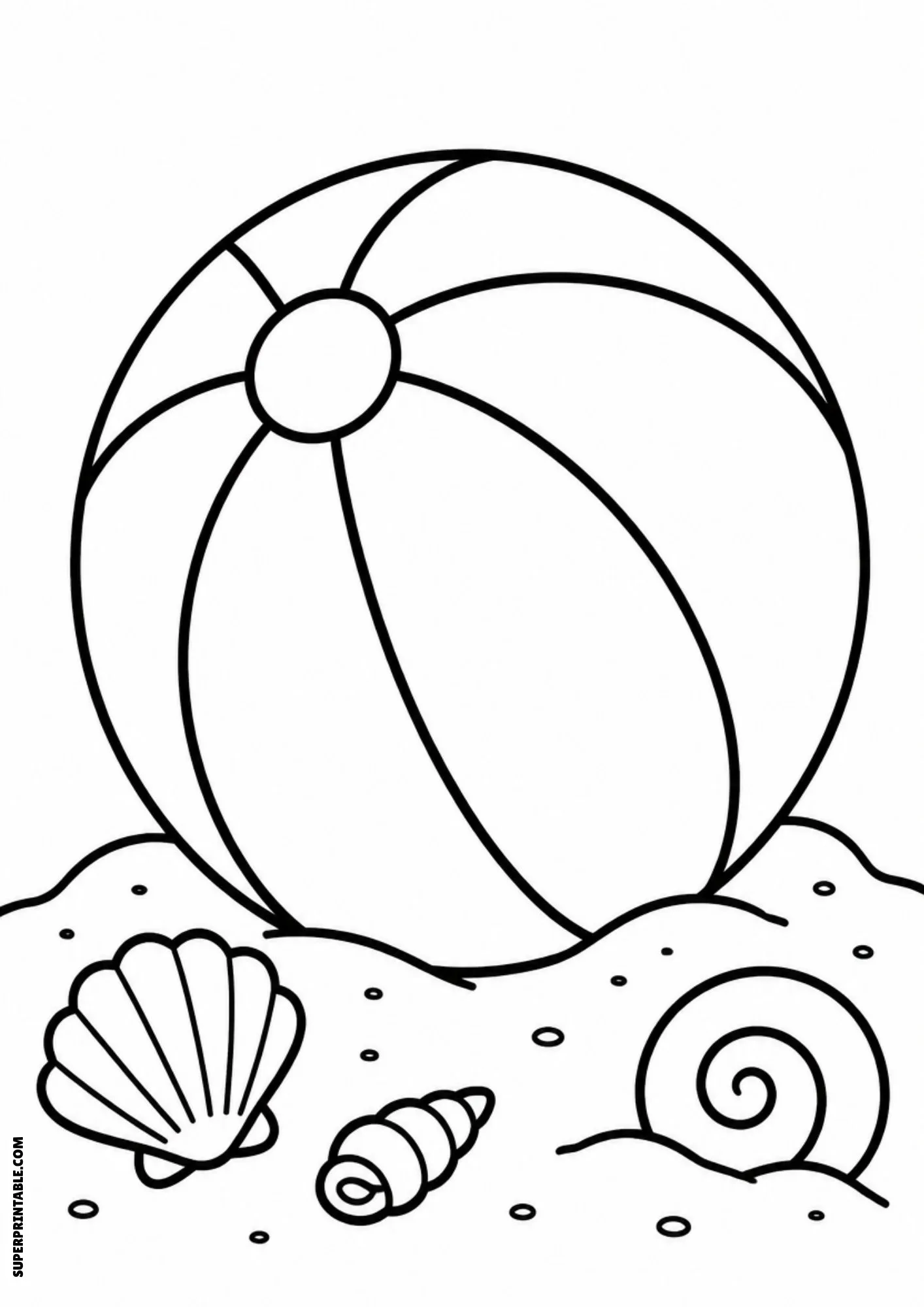Beach ball on the sand with seashells nearby.