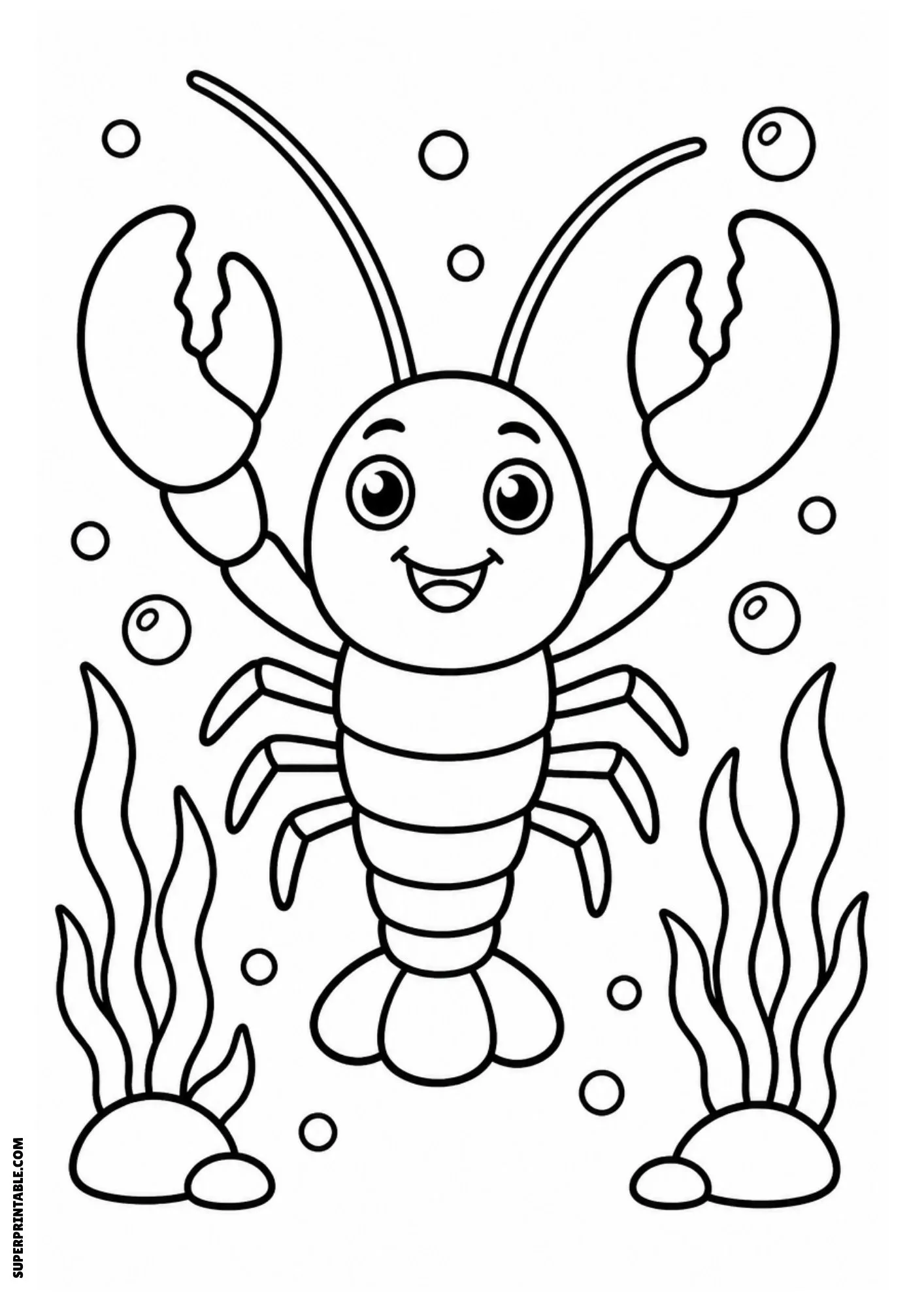 Smiling lobster underwater with seaweed and bubbles.