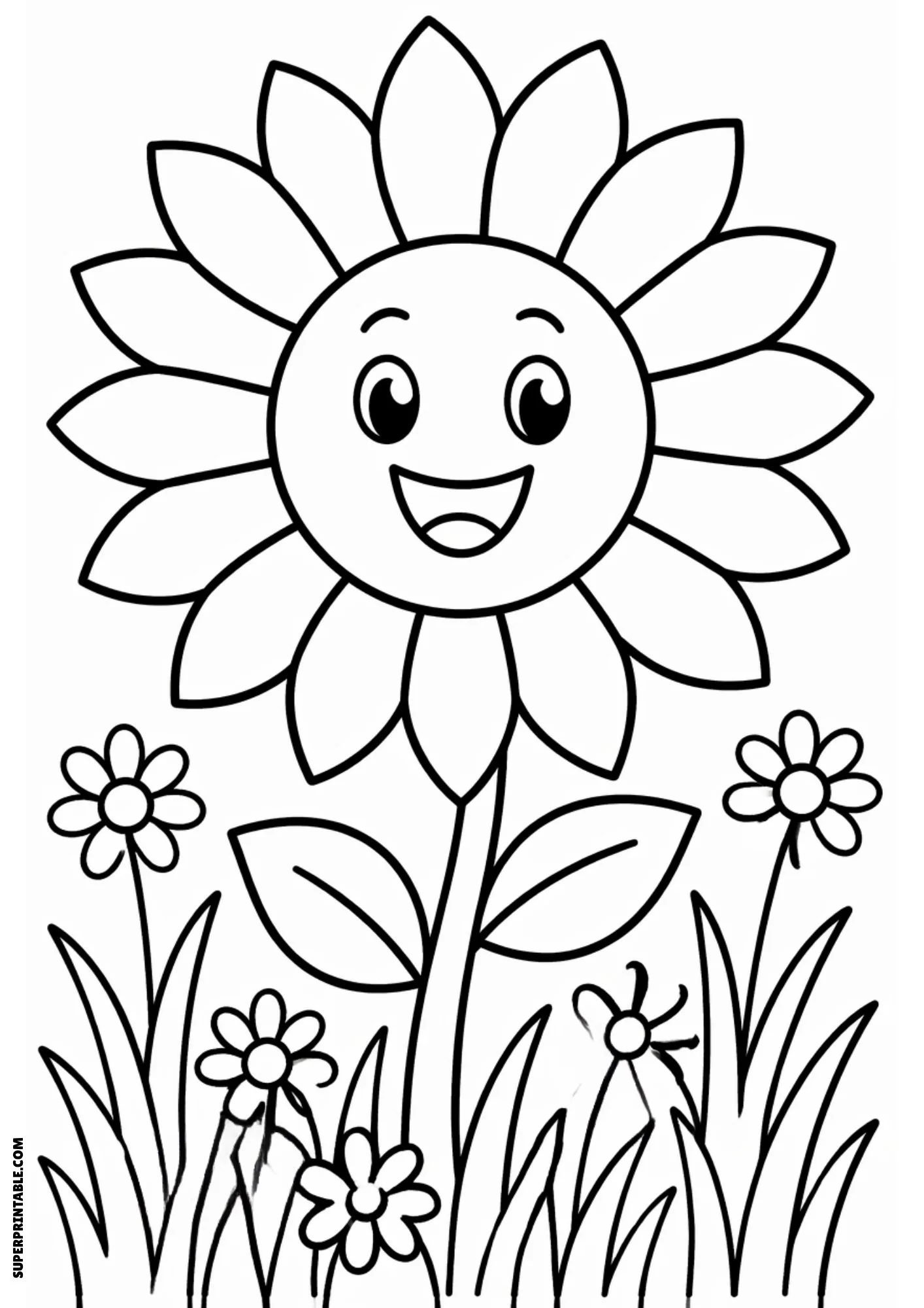 Smiling sunflower growing in a flower garden.
