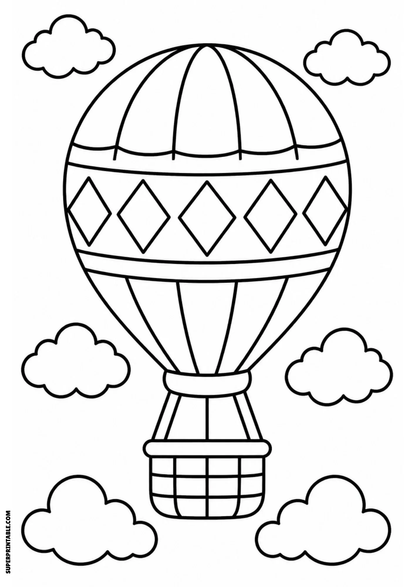 Hot air balloon floating among clouds.