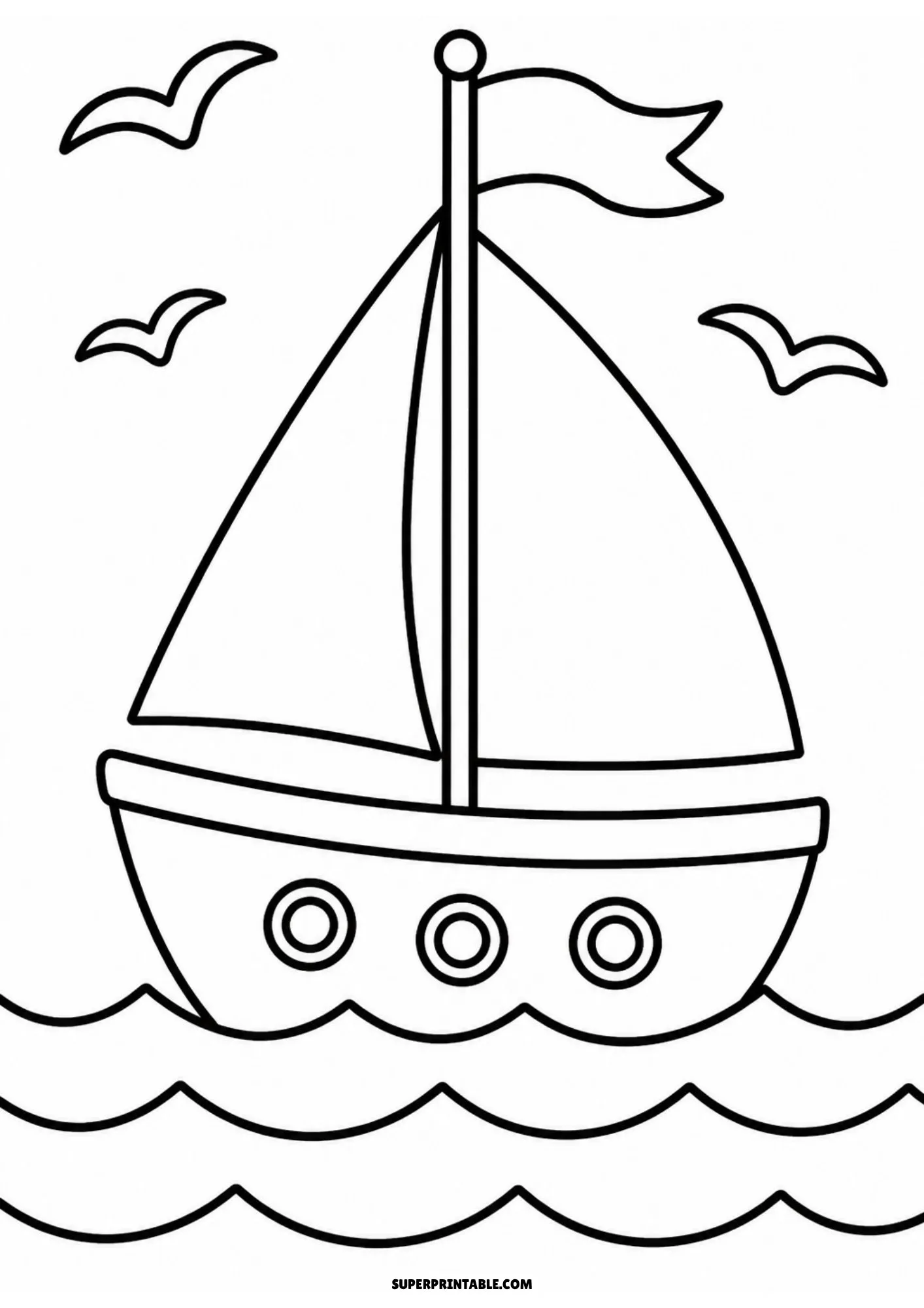 Sailboat sailing on ocean waves with birds in the sky.