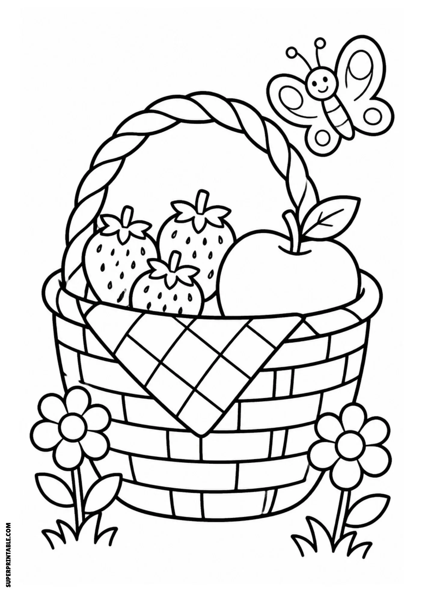 Fruit basket with strawberries, apple, flowers, and butterfly.