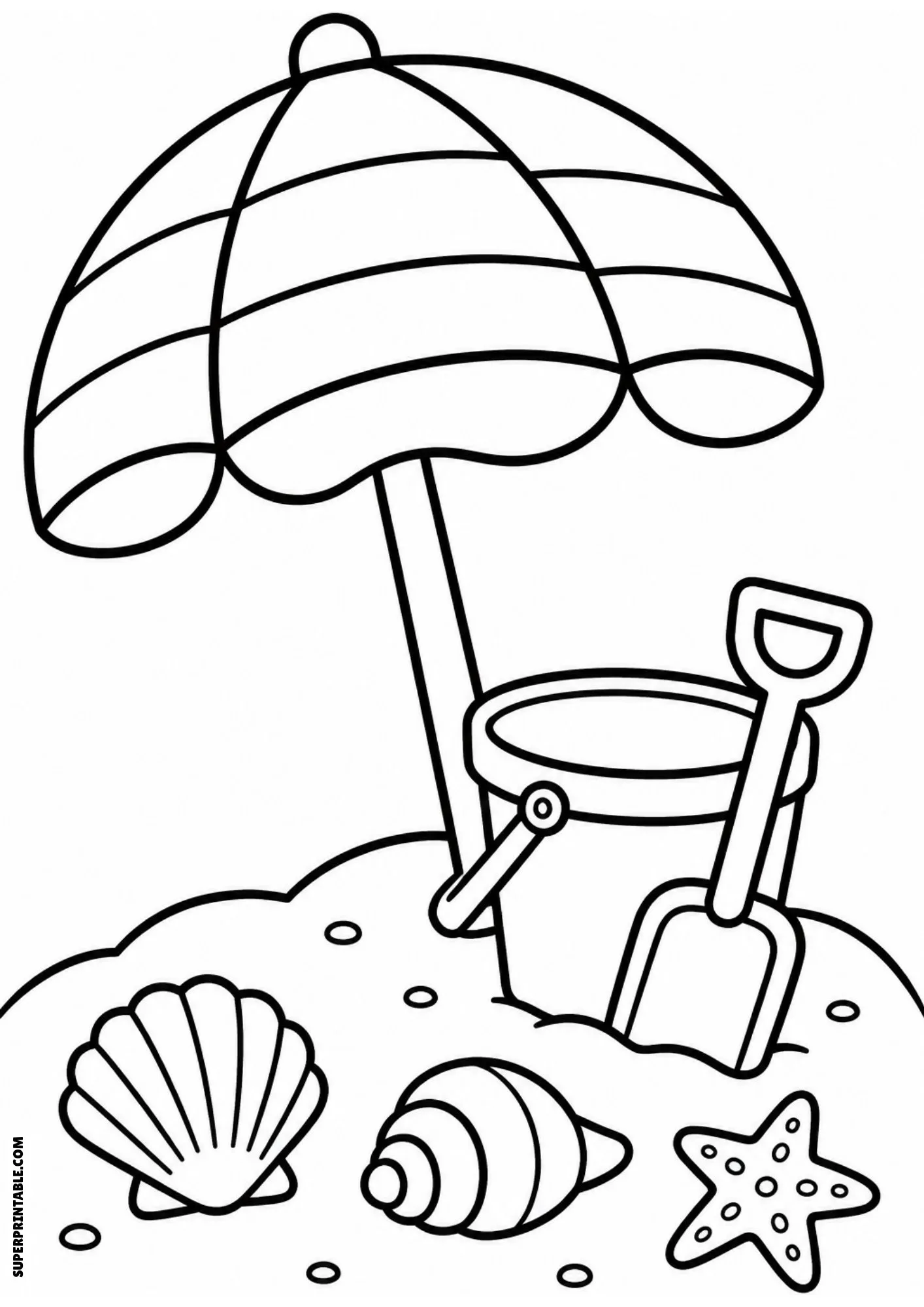 Beach umbrella, bucket, shovel, seashell, and starfish on the sand.