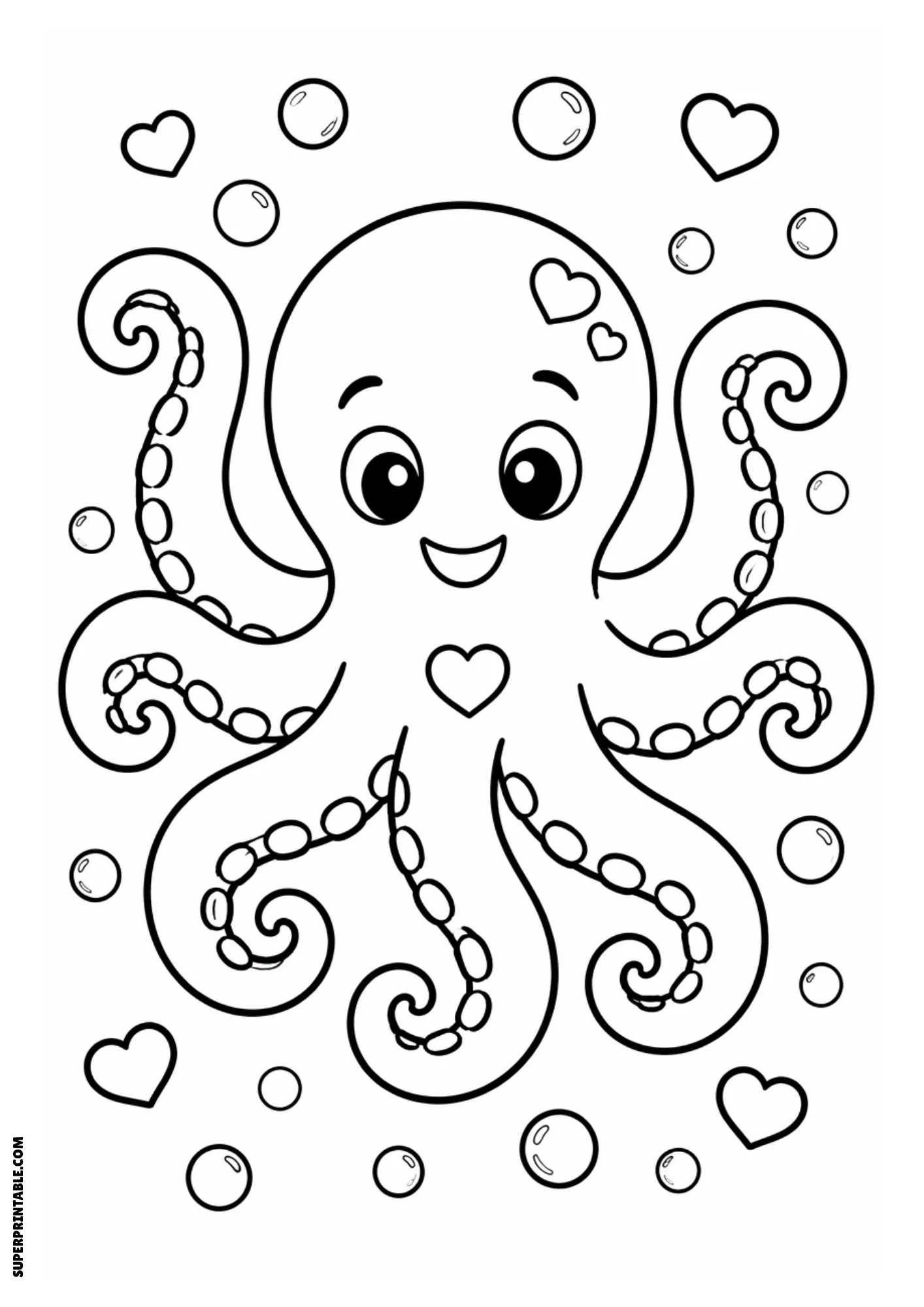 Cute octopus underwater with bubbles and hearts.