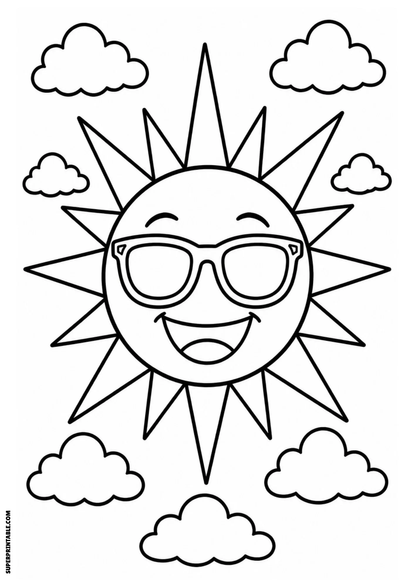 Smiling sun with sunglasses surrounded by clouds.