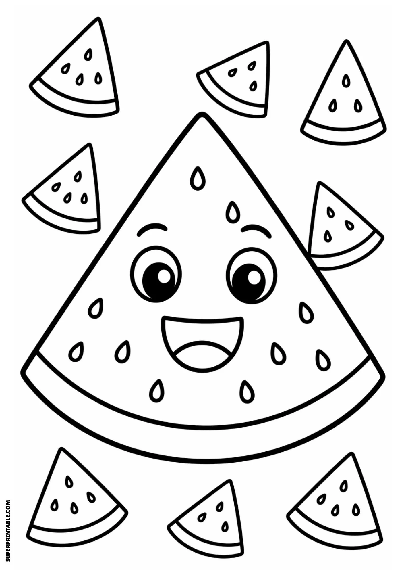 Smiling watermelon slice with smaller watermelon pieces.