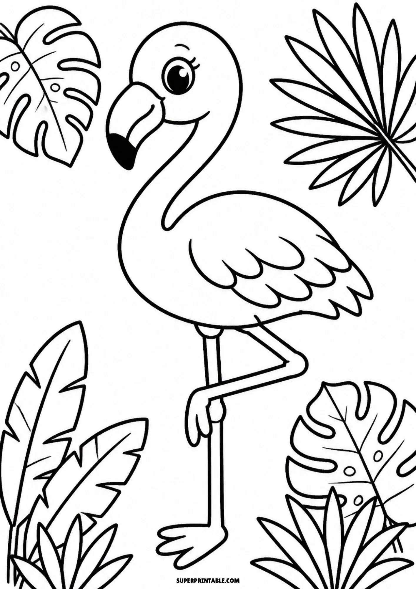 Flamingo surrounded by tropical leaves and plants.