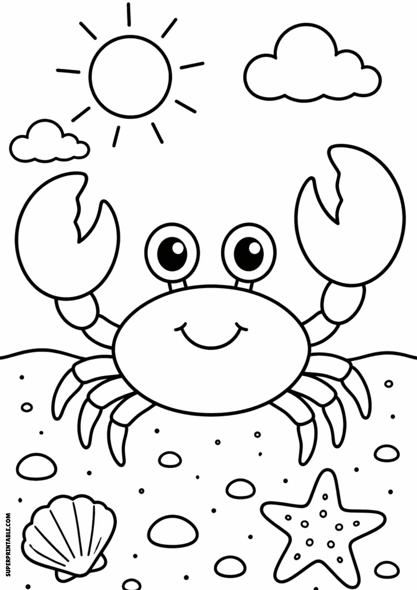 Happy crab on a sandy beach with sun and starfish.