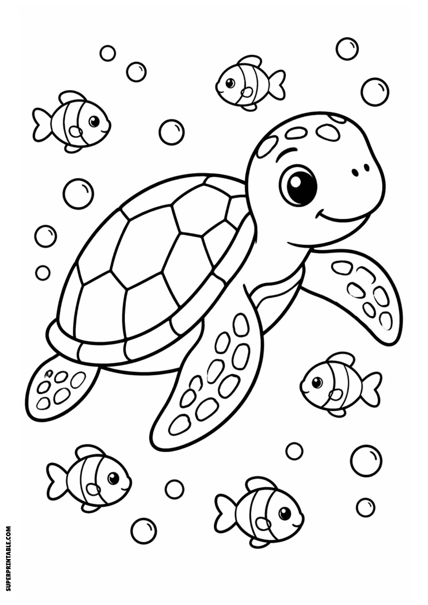 Sea turtle swimming among fish and bubbles.