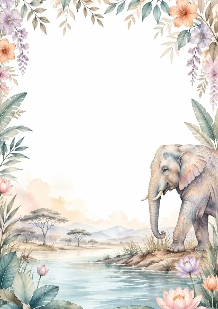Watercolor elephant by a river with floral borders and soft safari scenery.