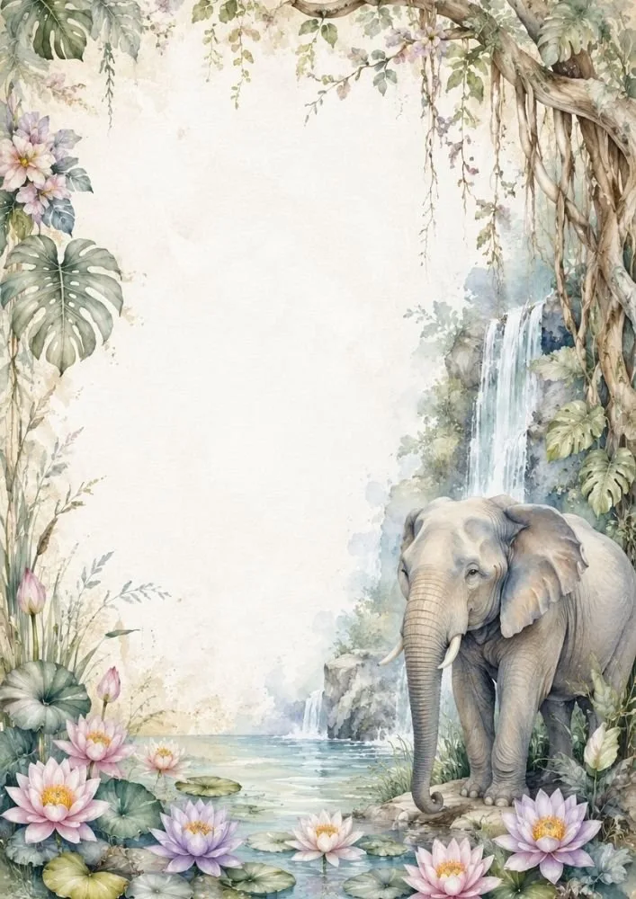 Elephant near a waterfall and lotus pond in a watercolor floral frame.