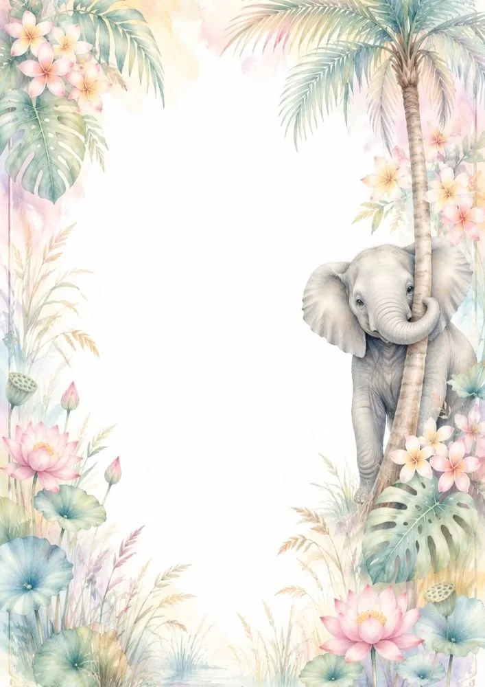 Elephant hiding behind a palm tree within a tropical floral border.