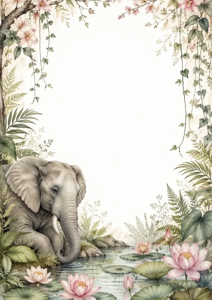 Elephant by a lotus pond surrounded by vines and botanical elements.