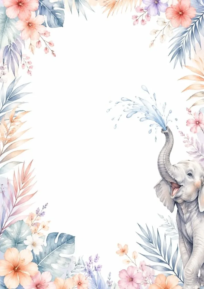 Elephant spraying water in a floral tropical watercolor border.