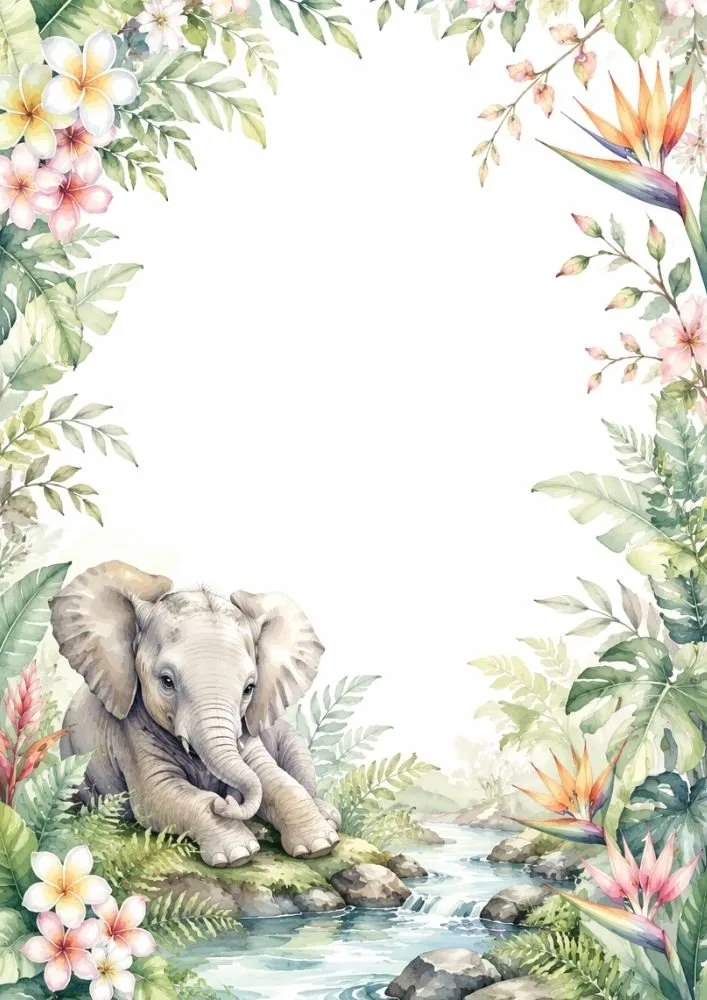 Baby elephant beside a stream with tropical flowers and foliage.