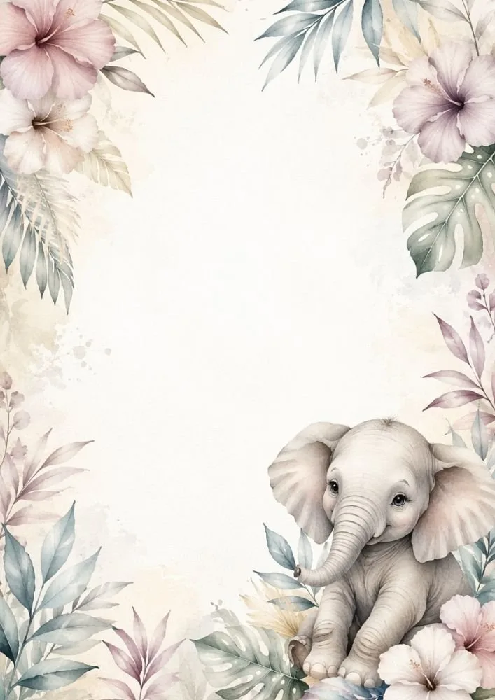 Cute baby elephant surrounded by pastel flowers and tropical foliage.